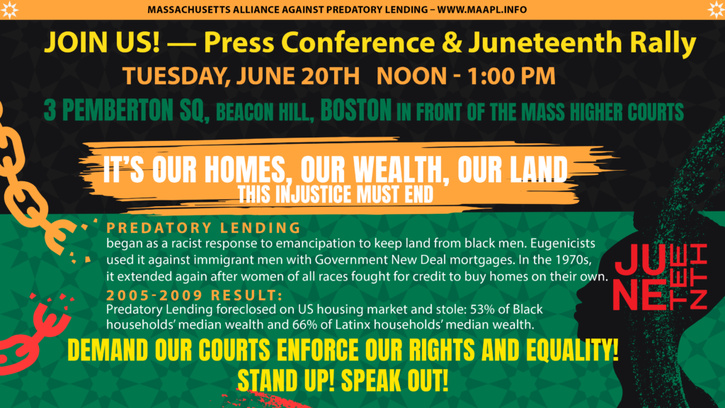 Flyer for MAAPL's Juneteenth Press Conference and Rally, June 20, 2023 at noon, 3 Pemberton Square on Beacon Hill in Boston, MA.
